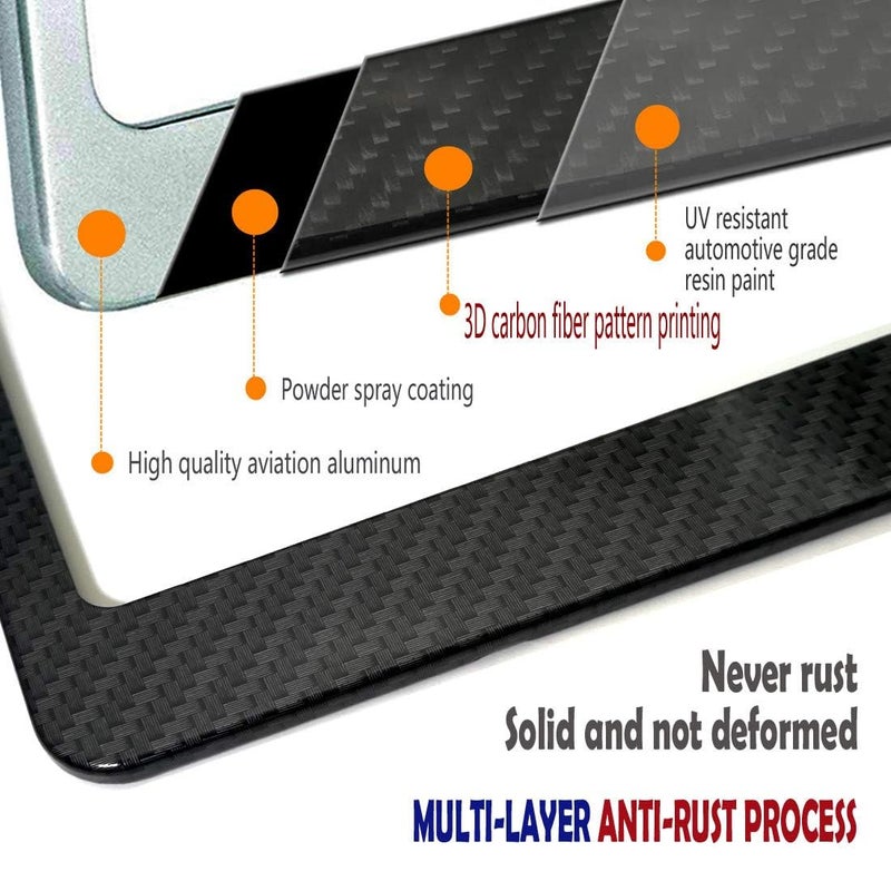 BGGTMO License Plate Frame Carbon Fiber- Black Aluminum Car Tag Frame Holder Printed Carbon Pattern with Rust Proof License Plate Screws and Black & Chrome Caps - Image 5
